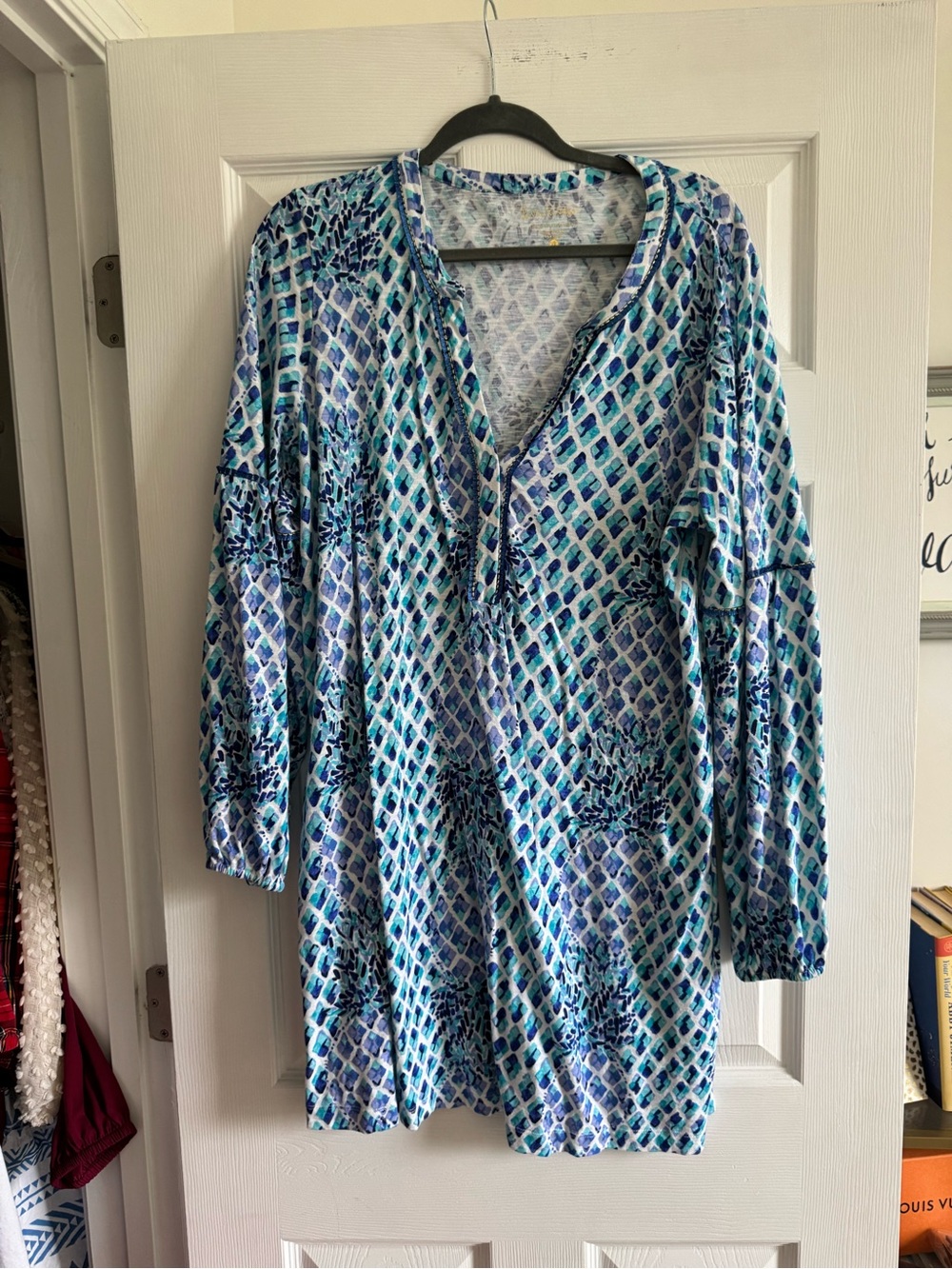 Women's Blue Patterned V-Neck Tunic Dress